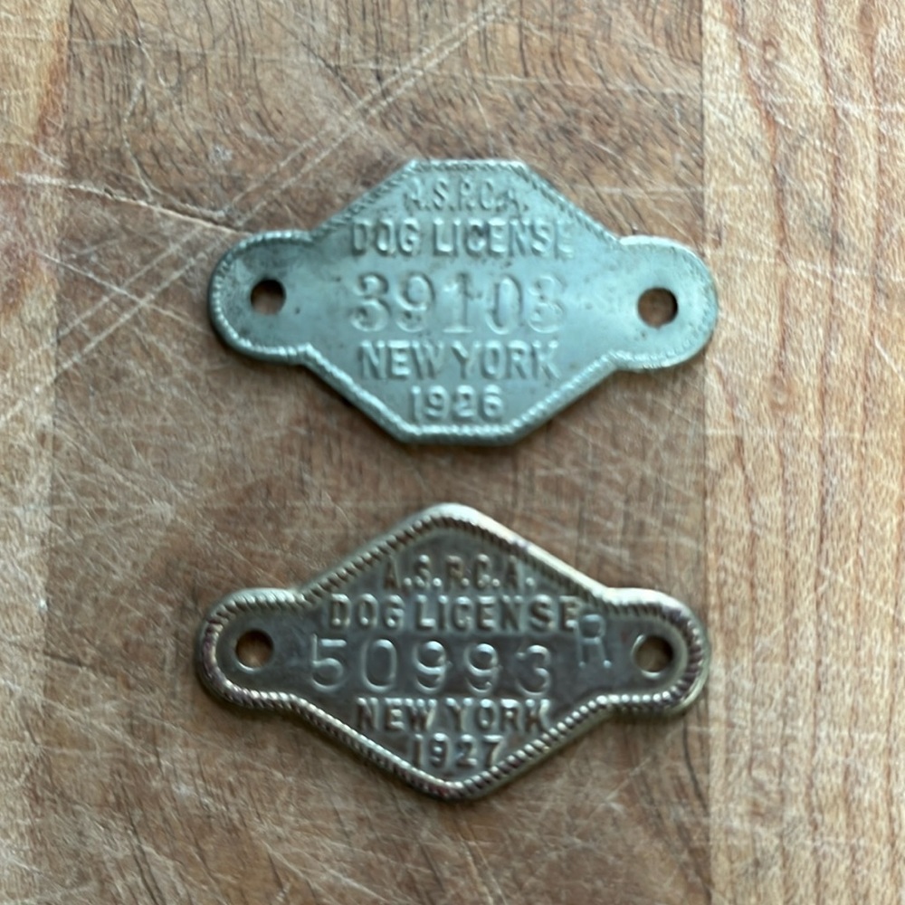 ASPCA 2 dog licenses NY 1926 & 1927